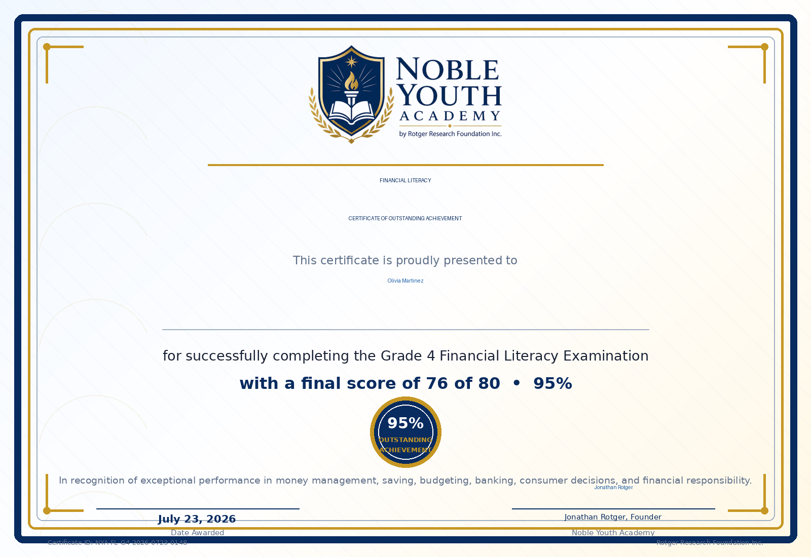 Completed Noble Youth Academy achievement certificate