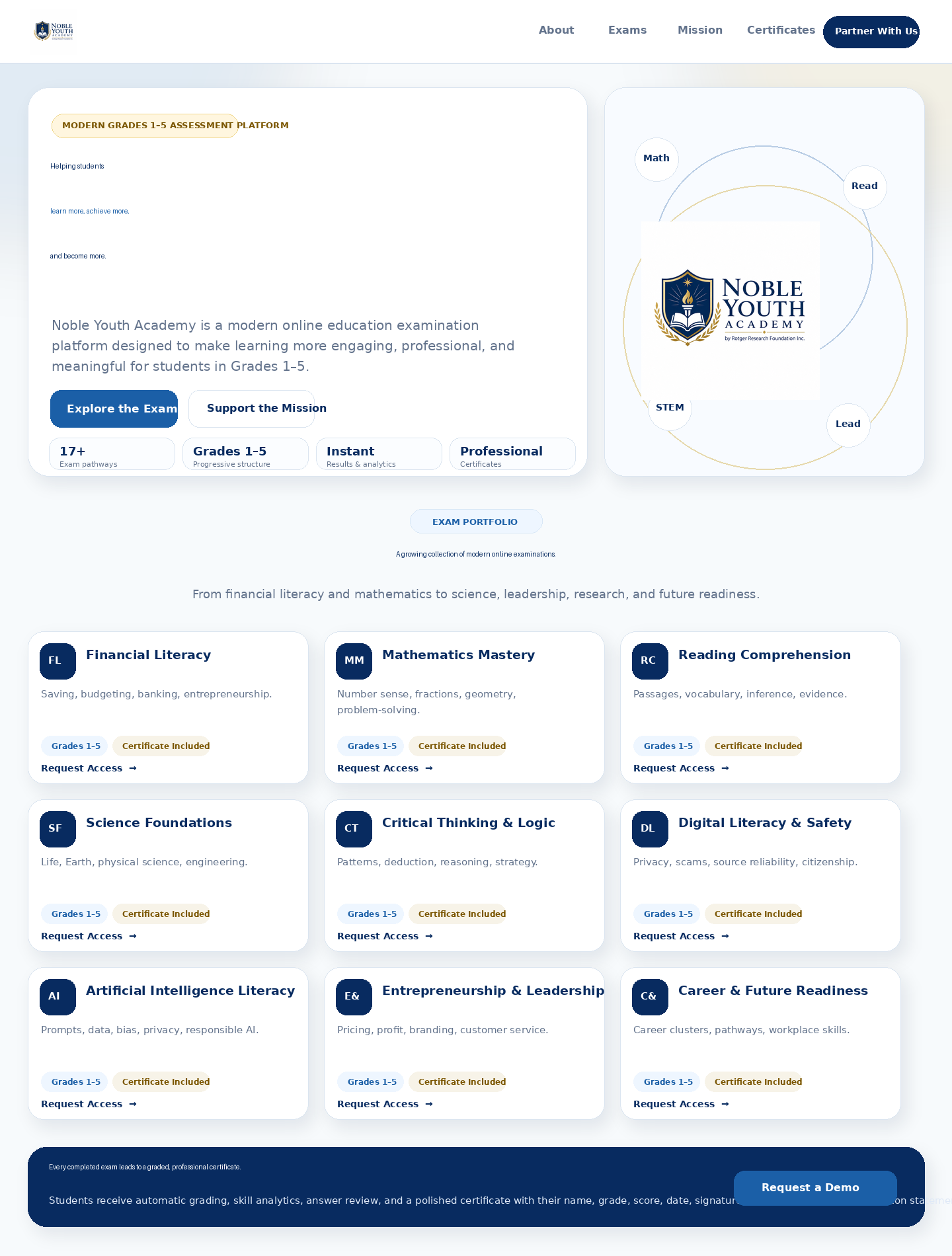 Noble Youth Academy examination platform preview